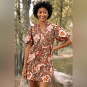 THML Pink Brown Floral V Neck Ruffle Tiered Mini Dress 100% Cotton Lined Size XS